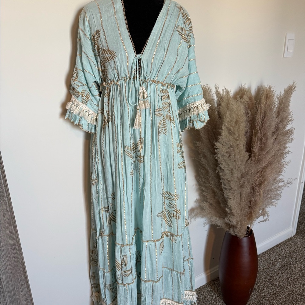 Green Maxi Sundress with Plunge Neckline and Bishop Sleeves